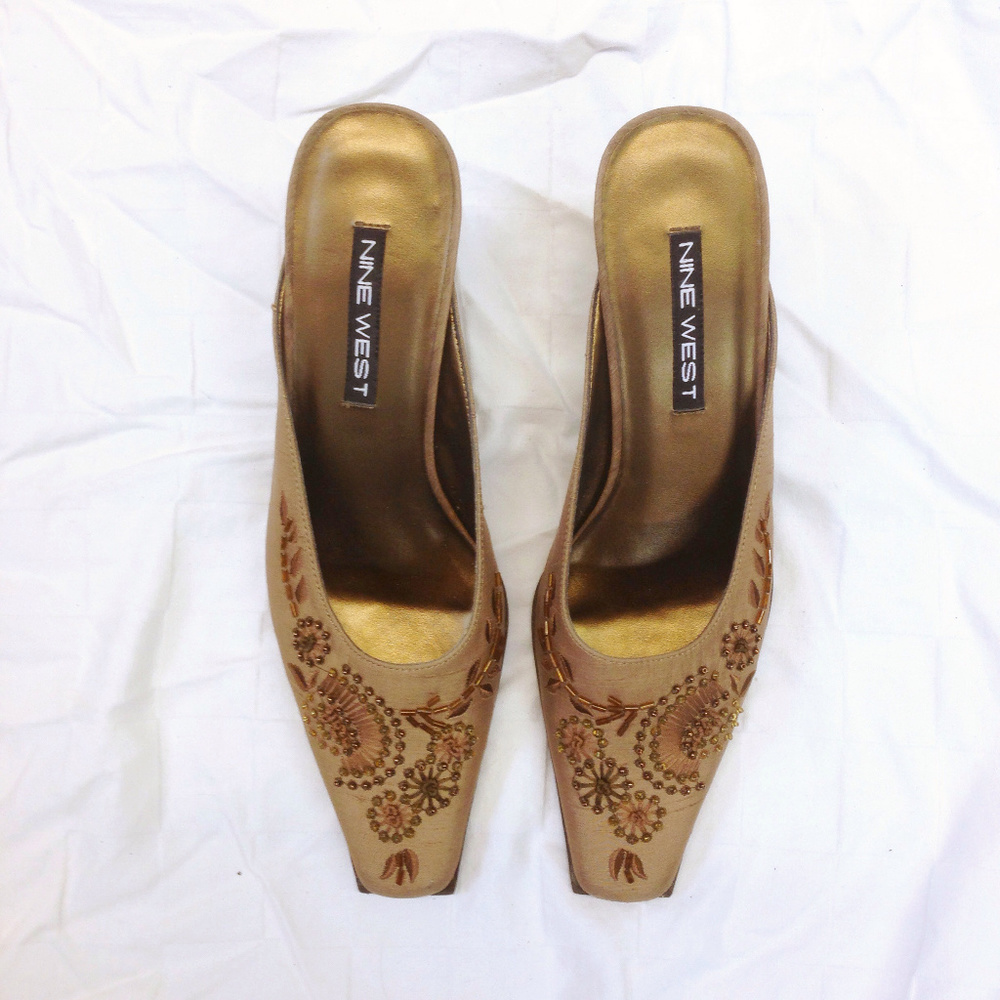 Embroidered silk bronze mules - Nine West - 7.5